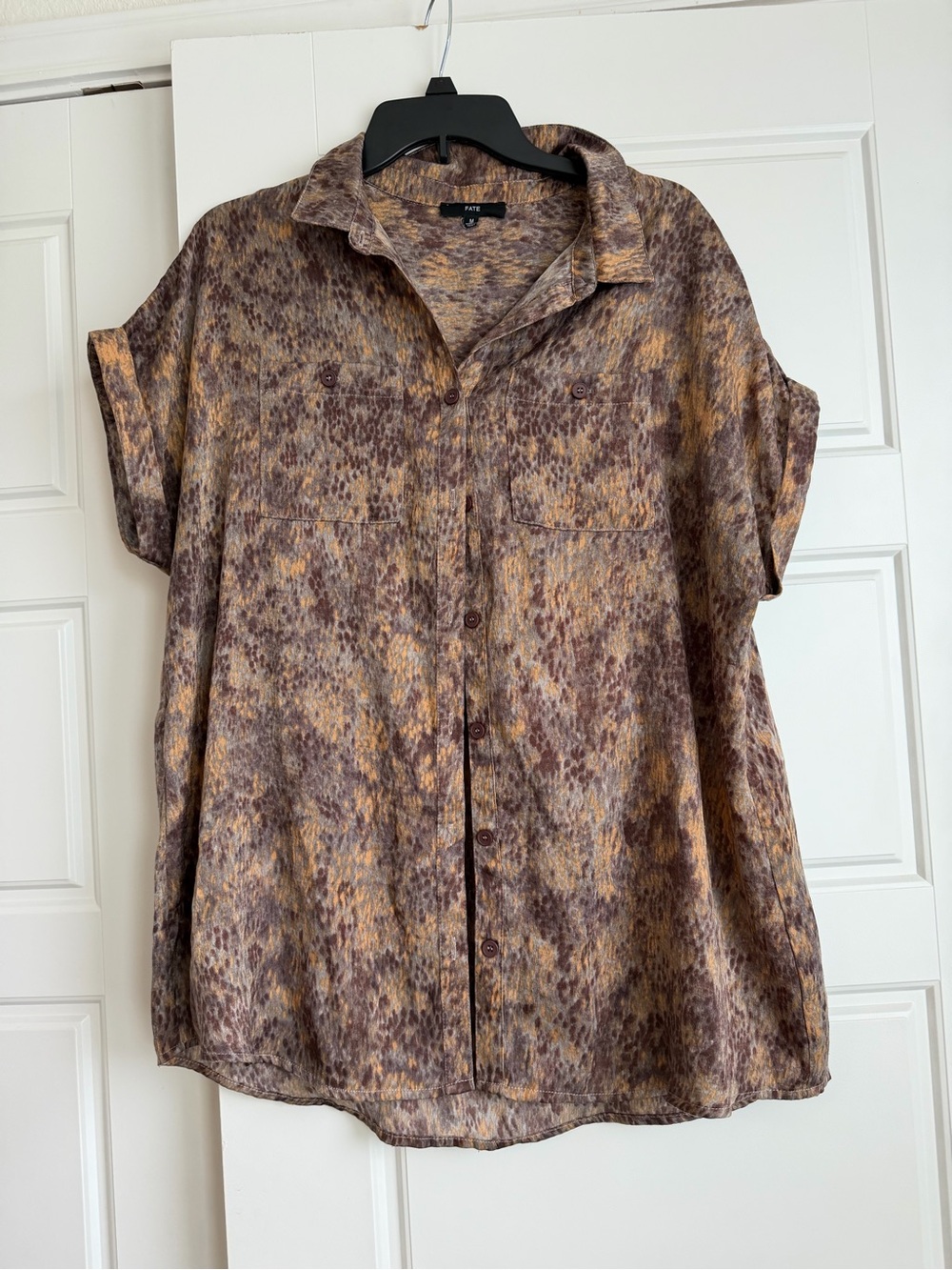 168 - Fate Short-Sleeve Button Front Blouse in Brown and Tan Animal Print